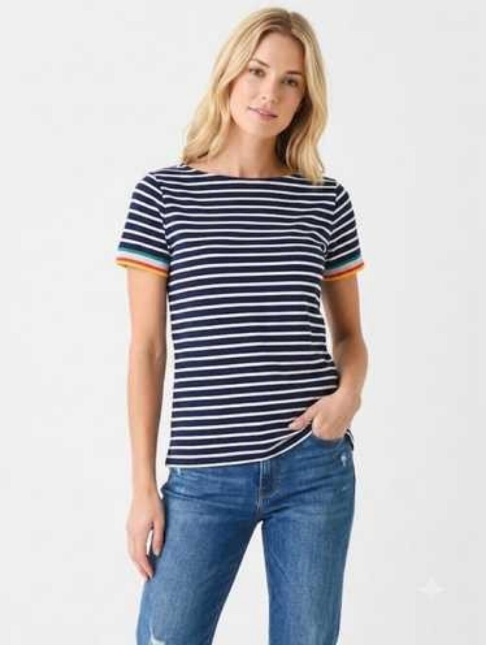 Boden Ella Breton Stripe Short Sleeve Tee Rainbow Cuff